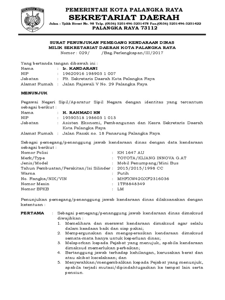 surat penunjukan pemegang kendaraan dinas sekretariat daerah kota
