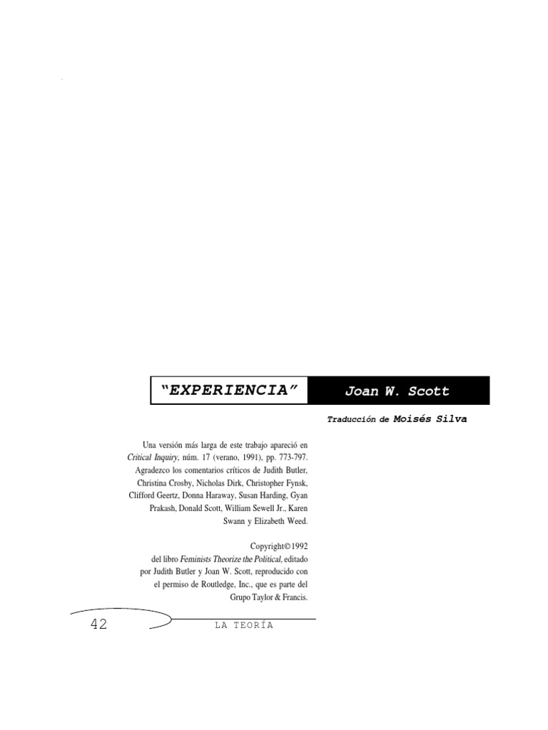 Experiencia Joan Scott Historiografía Conocimiento