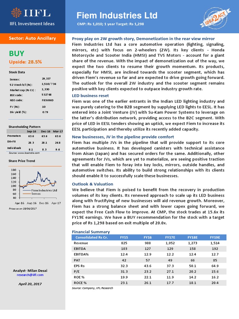 Fiem Industries LTD: Upside: % | PDF | Joint Venture | Stocks