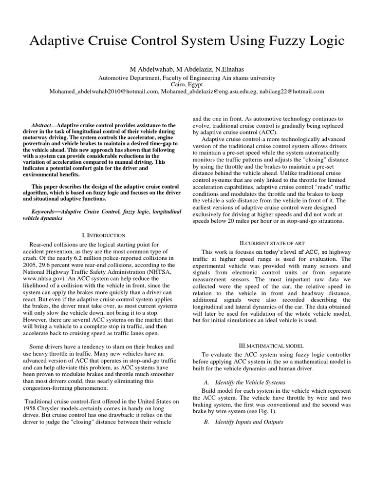 Fuzzy Logic in Adaptive Cruise Control | PDF | Traffic | Vehicles