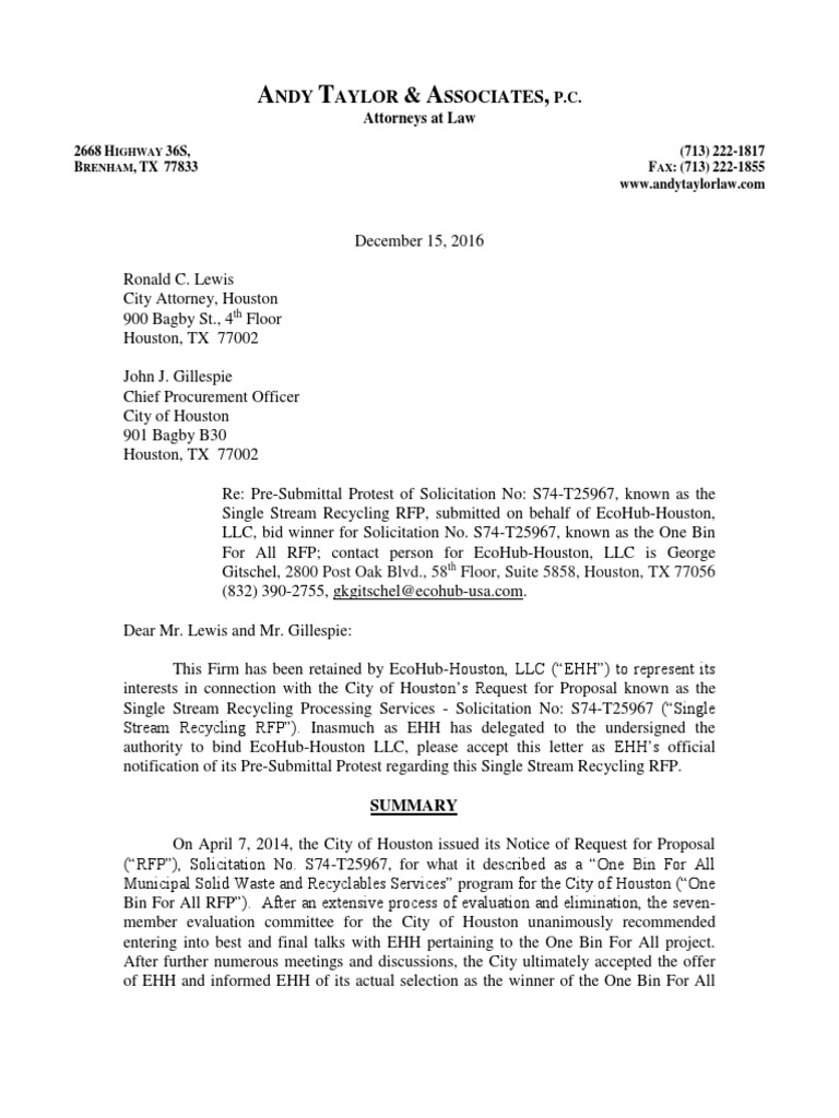 EcoHub Bid Protest Letter to City of Houston Waste Management