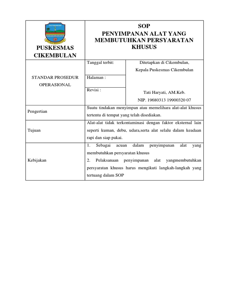 Format SOP Penyimpanan Alat Yang Membutuhkan Persyaratan Khusus