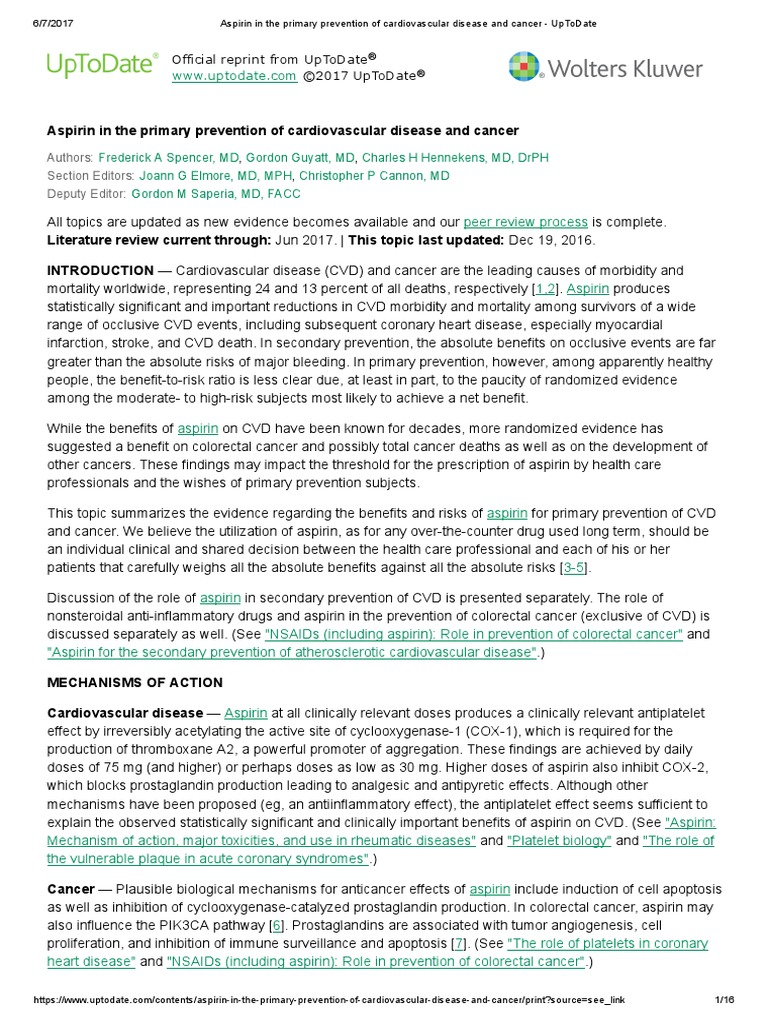 Aspirin in The Primary Prevention of Cardiovascular Disease and Cancer