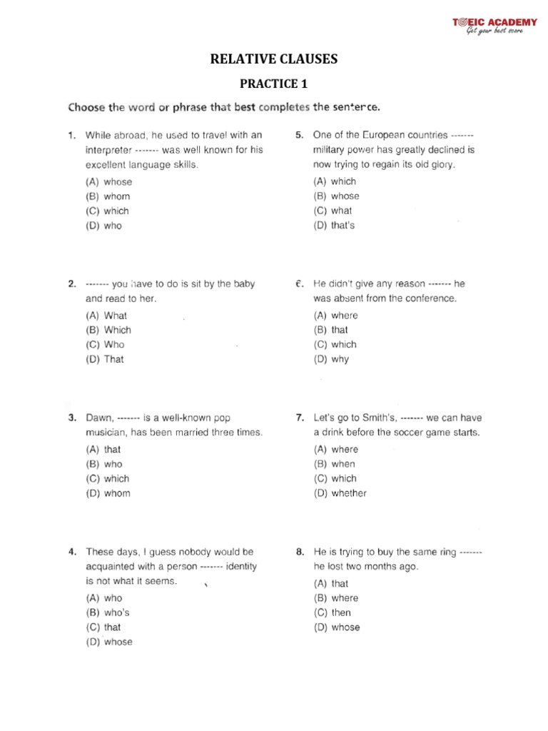 Relative Clauses: Practice 1 | PDF | Science & Mathematics