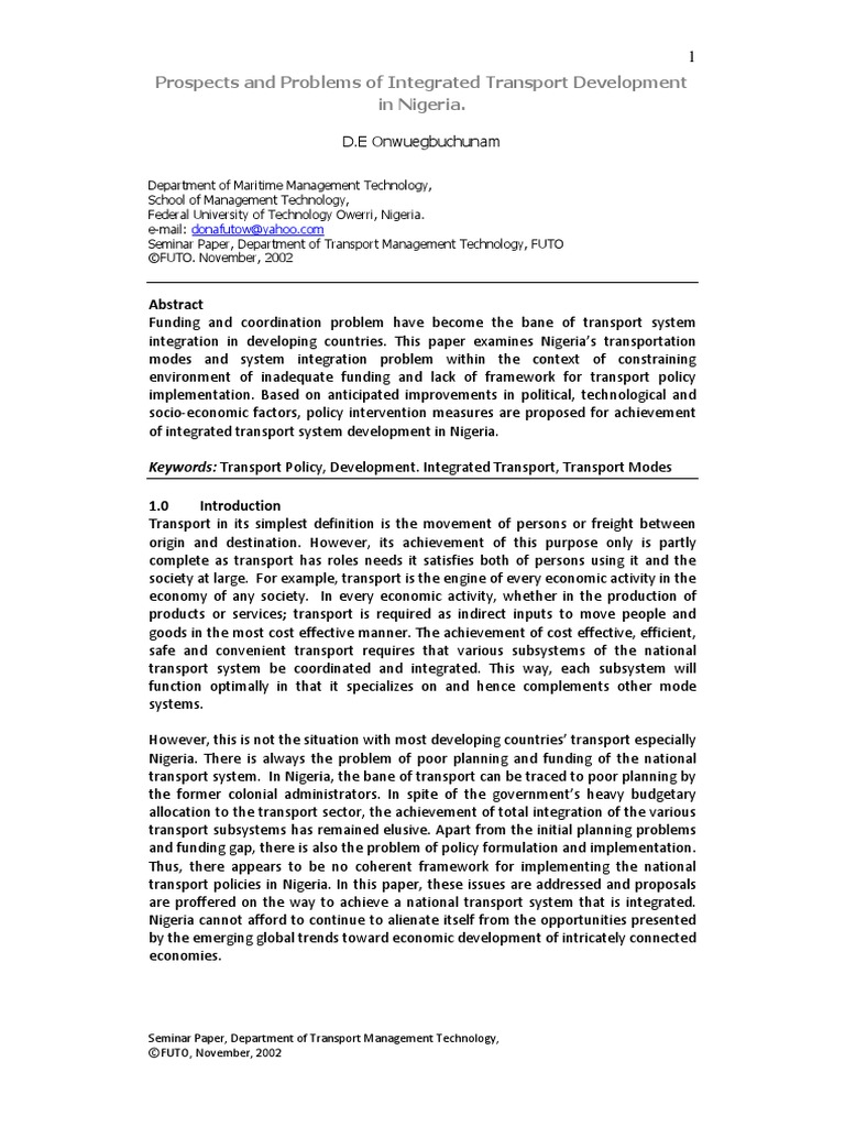 Prospects and Problems of Integrated Transport Development in Nigeria ...