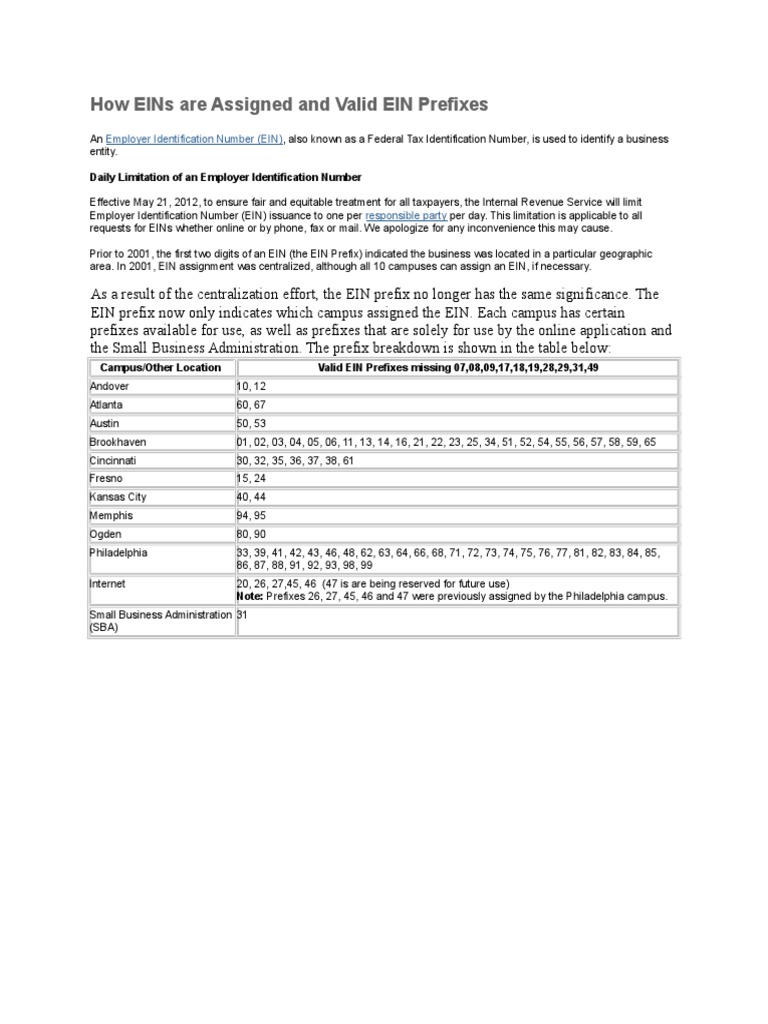 How EINs Are Assigned and Valid EIN Prefixes PDF