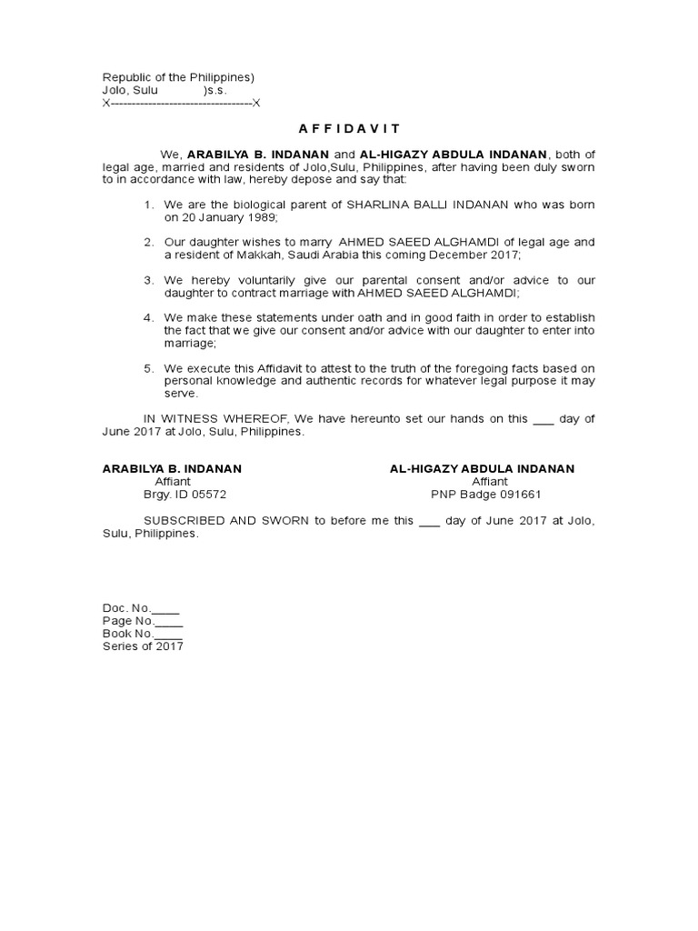 Parental Consent Affidavit for Marriage | PDF | Social Science | Law