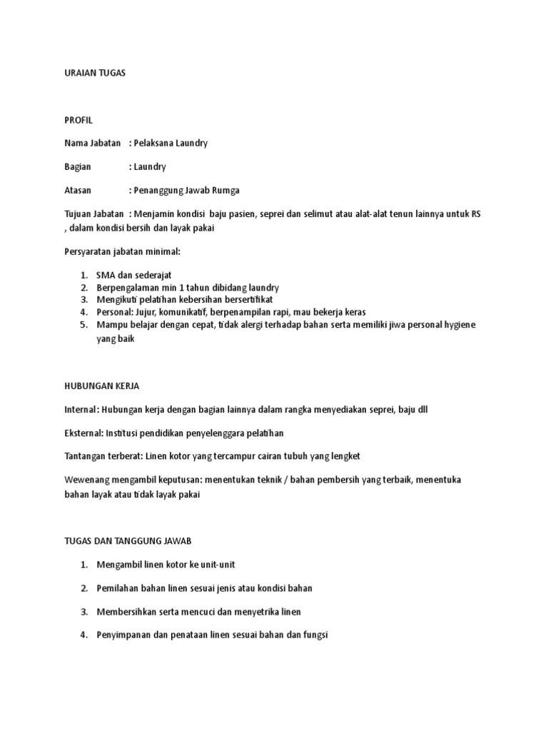 Uraian Tugas Laundry Rumah Sakit PDF