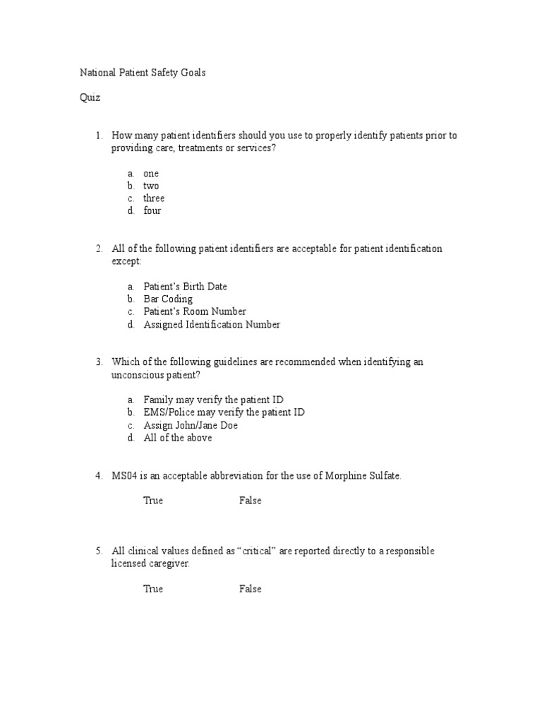 National Patient Safety Quiz Patient Patient Safety