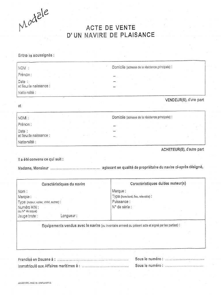 Acte De Vente Dun Navire De Plaisance