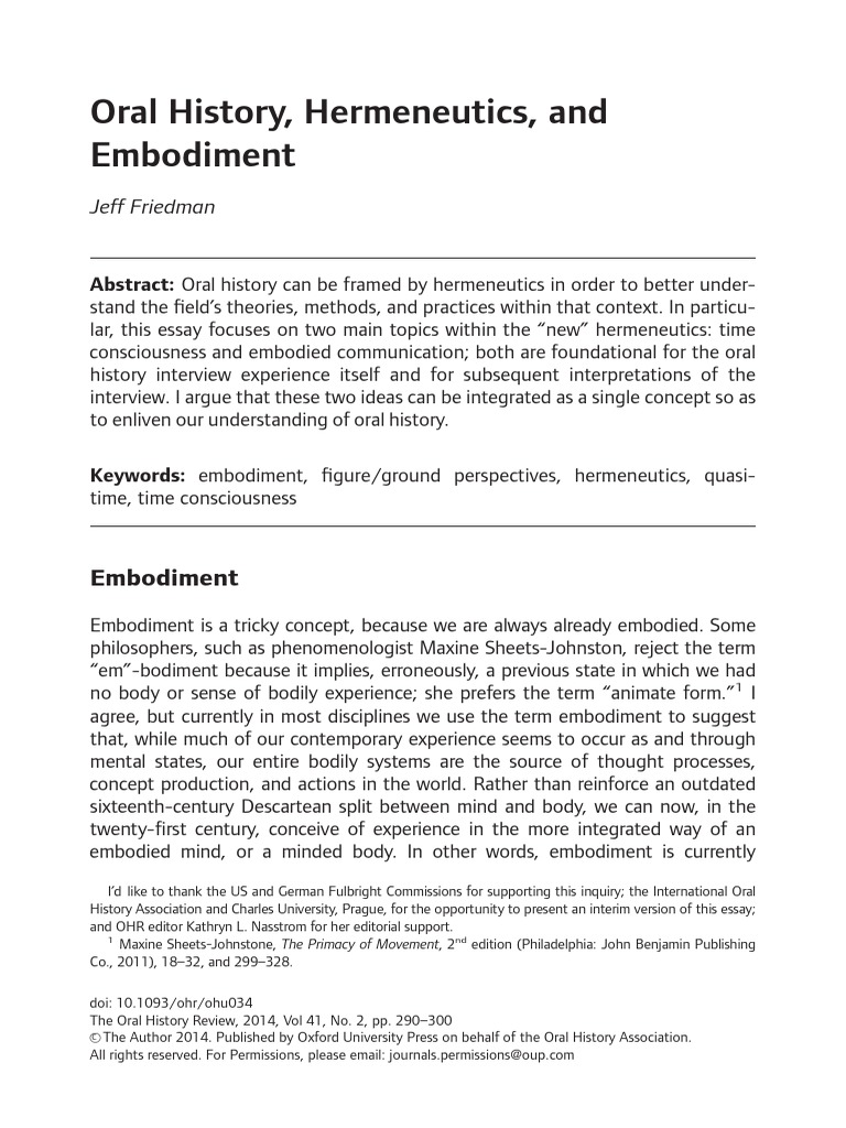 Oral History, Hermeneutics, and Embodiment Jeff Friedman PDF Being