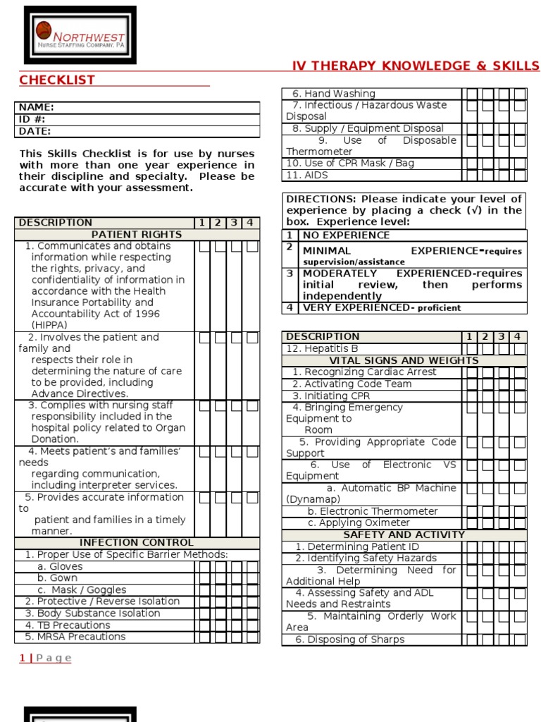 IV Therapy Skills Checklist for Nurses | PDF | Intravenous Therapy ...