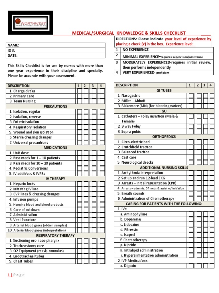 Medical-Surgical Nursing Skills Checklist | PDF | Intravenous Therapy ...