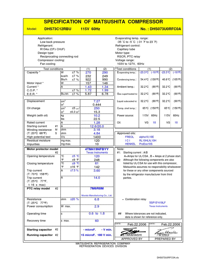 Matsushita DHS73C12RBU Compressor Spec Sheet Gas Compressor