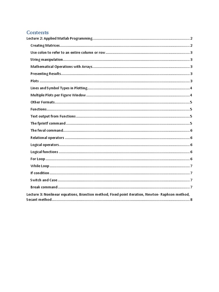 Matlab Programming Essentials | PDF | Matrix (Mathematics) | Areas Of ...