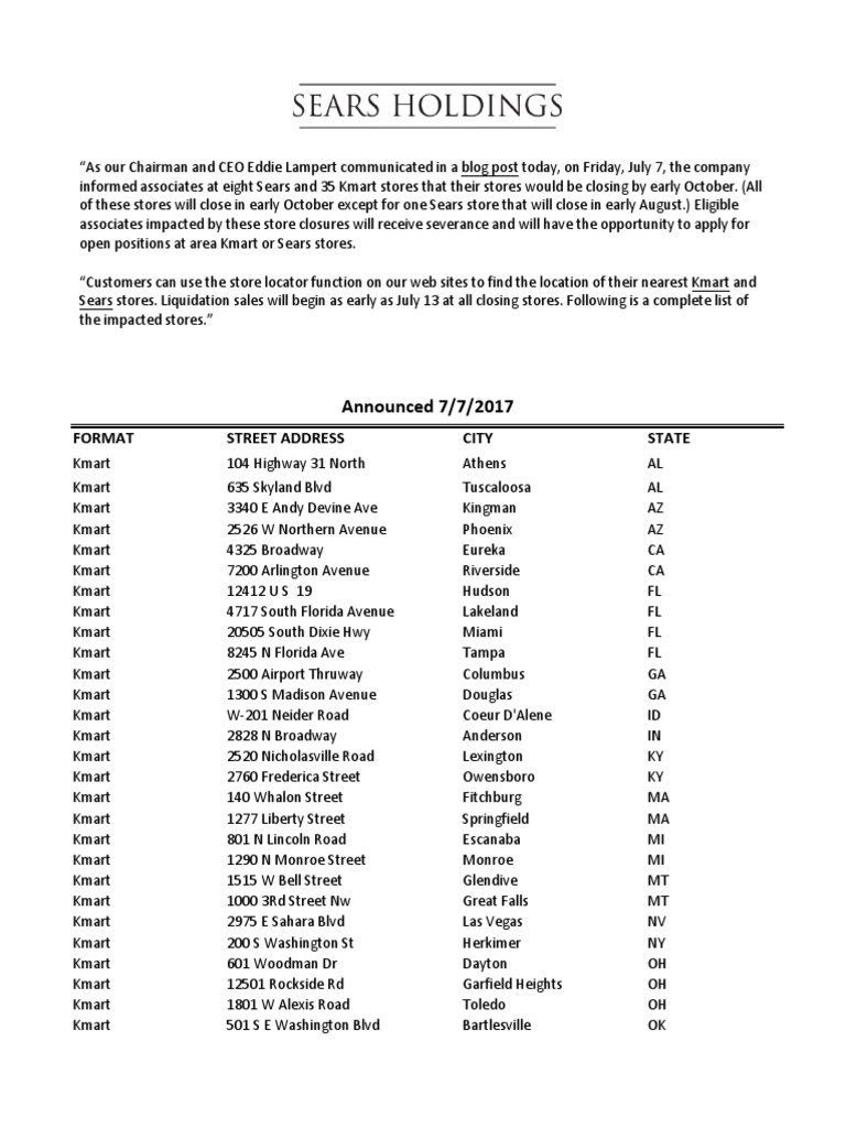 Store Closings List Kmart Retailing