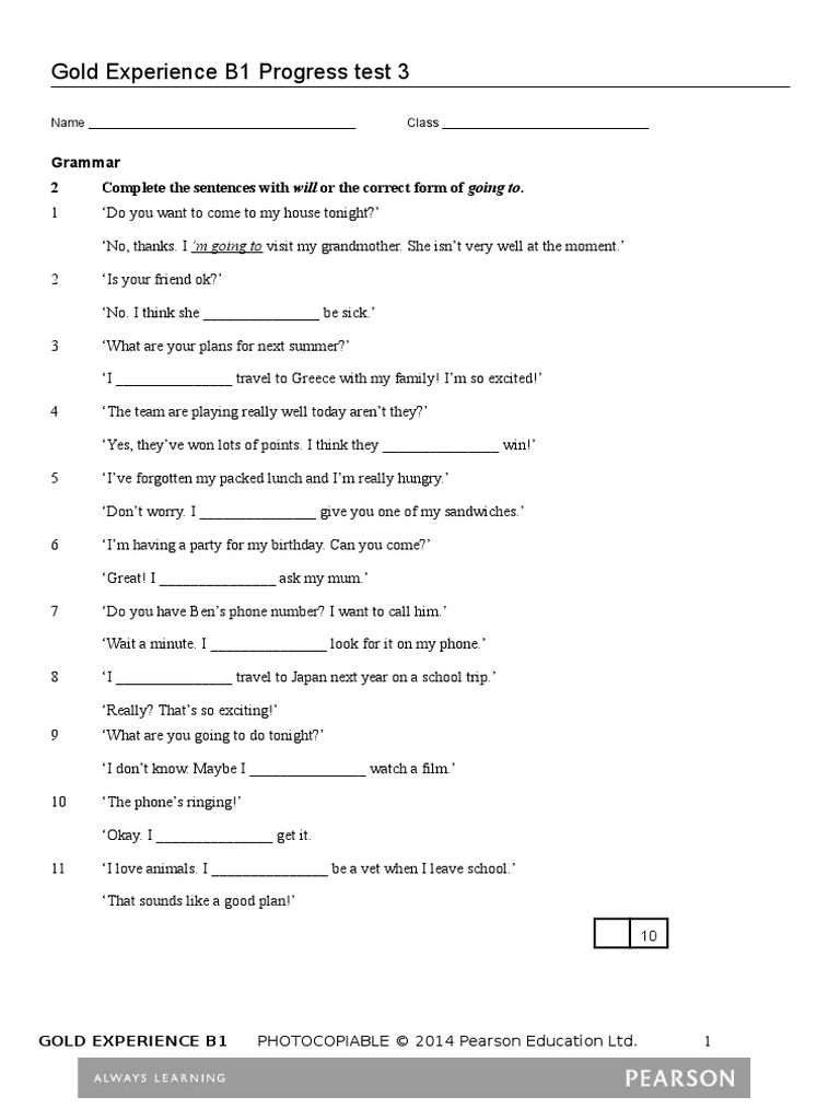 Gold Experience B1 Progress Test 1