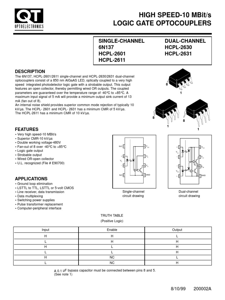6N137 High Speed10 MBits Logic Gate Optocouplers PDF Capacitor
