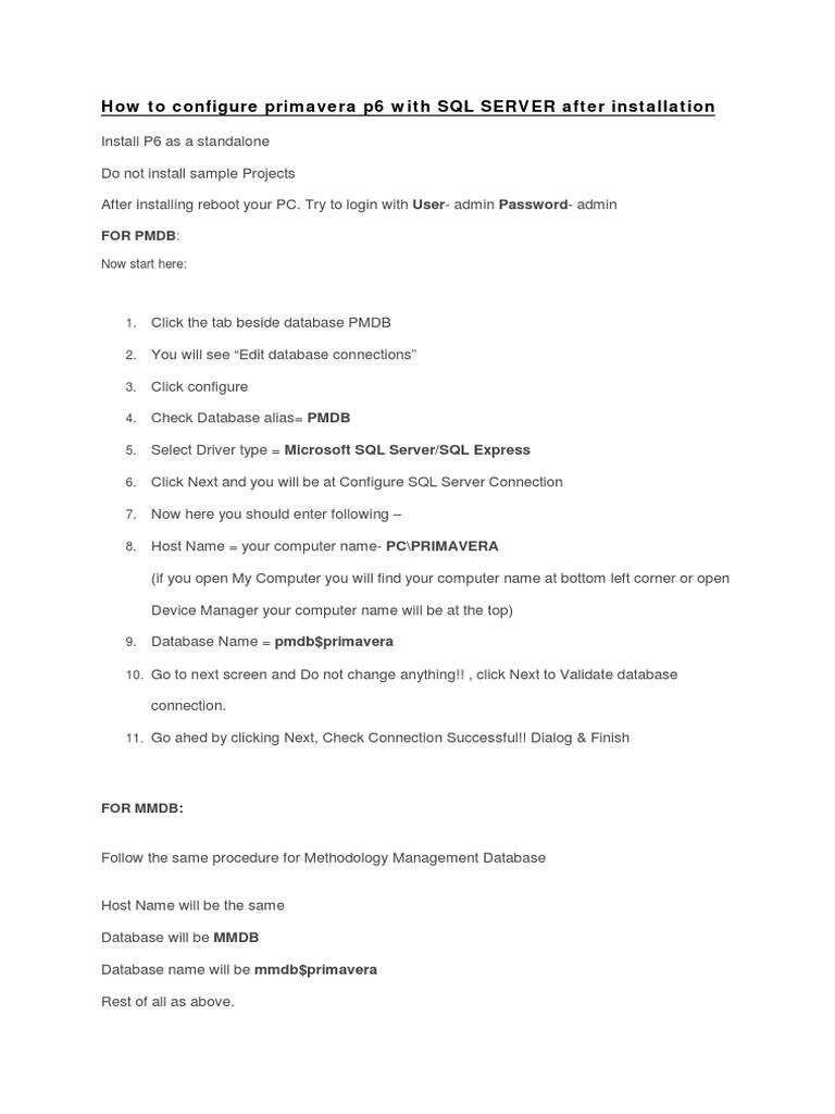 Configure Primavera P6 with SQL Server | PDF