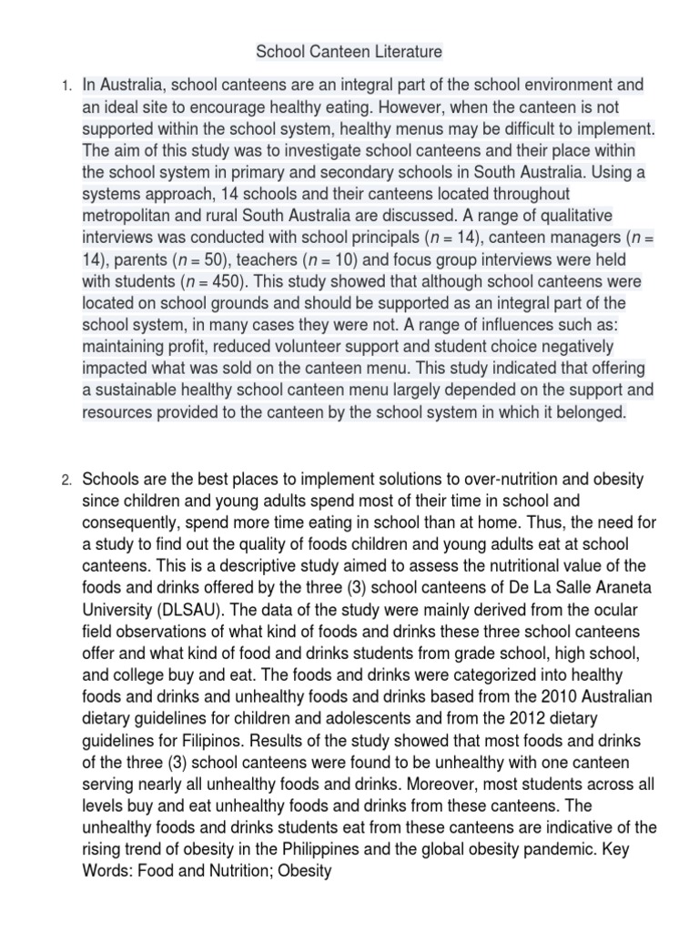 School Canteen Literature PDF Junk Food Foods