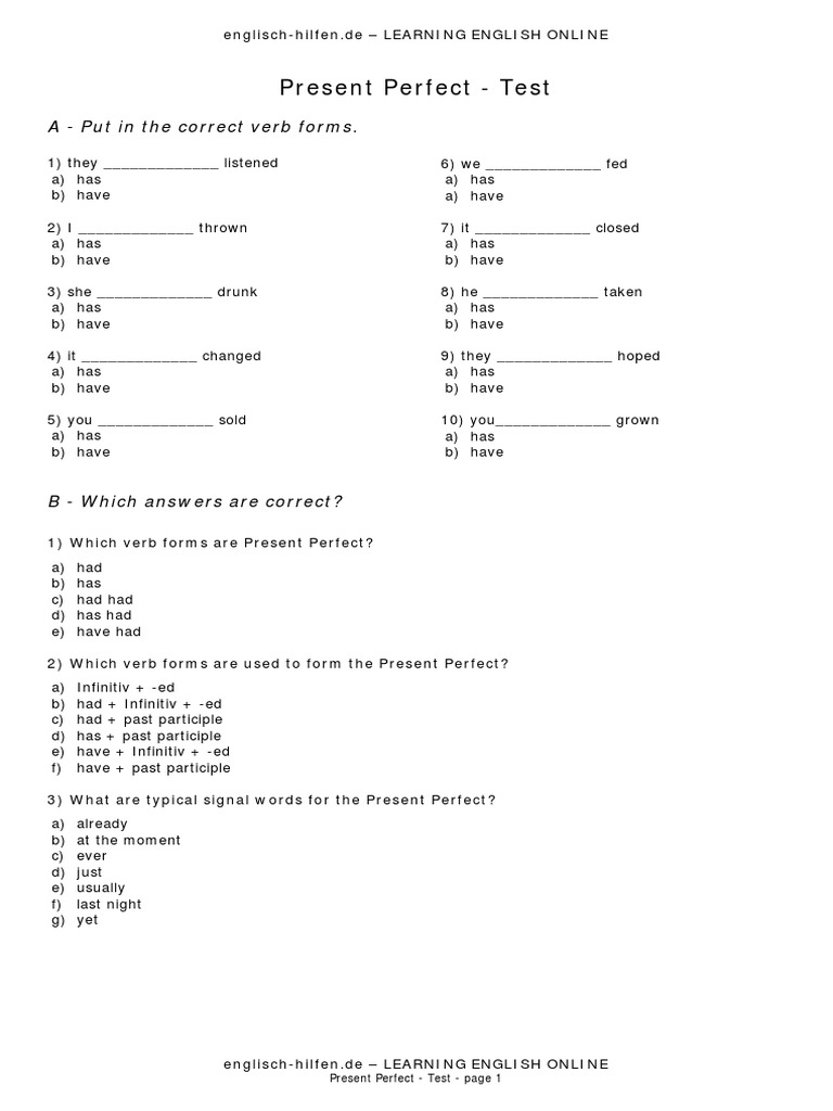 Present Perfect - Test: A - Put in The Correct Verb Forms | PDF | Verb ...
