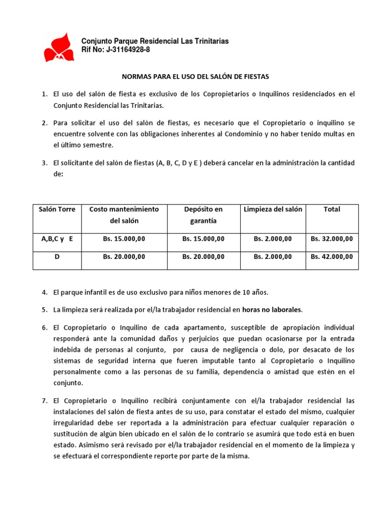 Normas para El Uso Del Salon de Fiestas PDF Condominio Gobierno