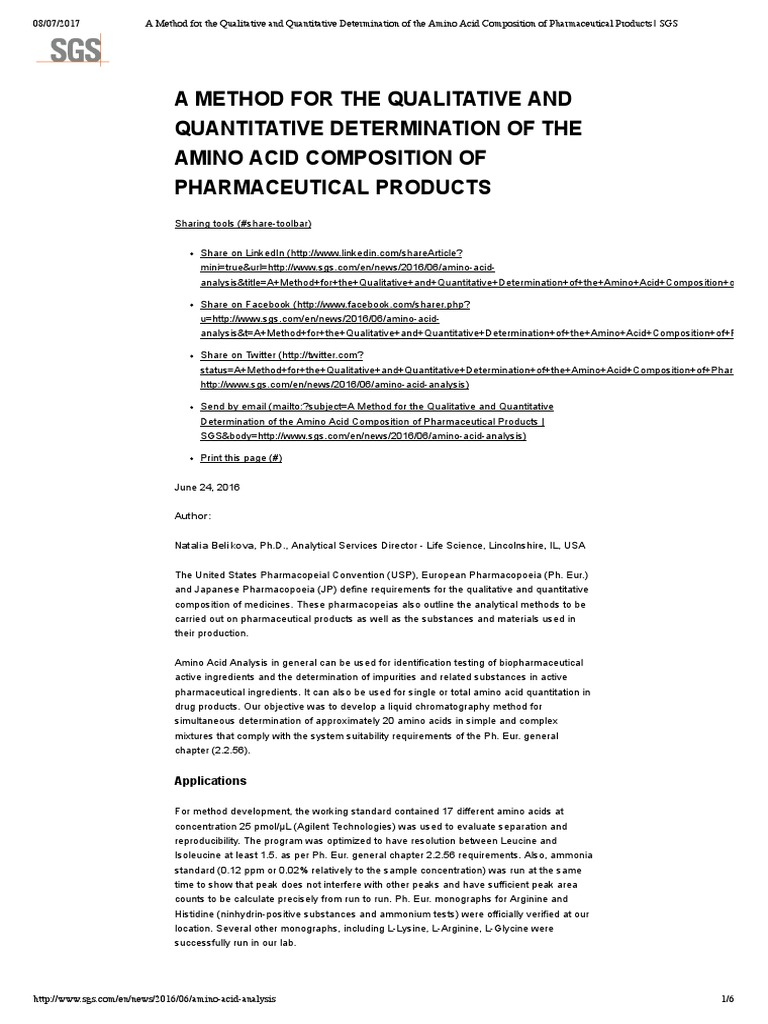 Amino Acid Analysis in Pharma | PDF | High Performance Liquid ...