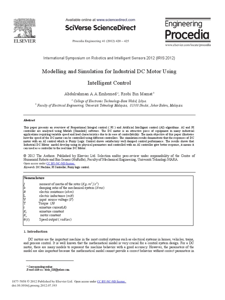 Modelling and Simulation For Industrial DC Motor Using Intelligent