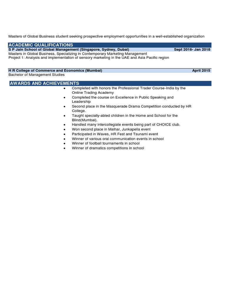 Global Business Master's Graduate Resume | PDF
