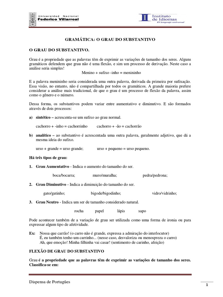 Grau dos Substantivos: Aumentativo e Diminutivo | PDF | Adjetivo ...