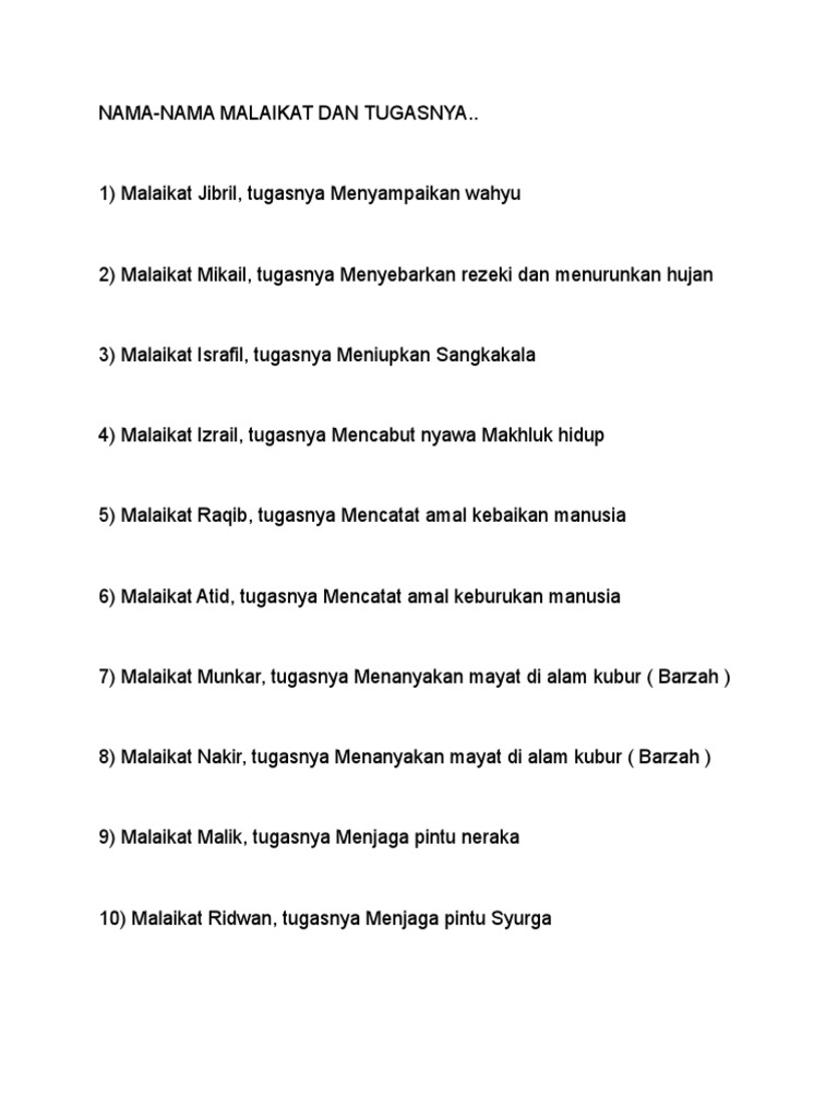 Nama Malaikat Dan Tugas Y