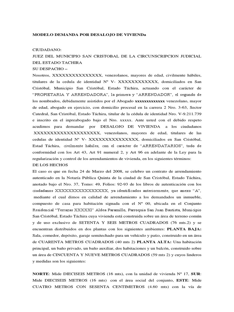 Modelo Demanda Por Desalojo de Vivienda | PDF | Propiedad | Alquiler