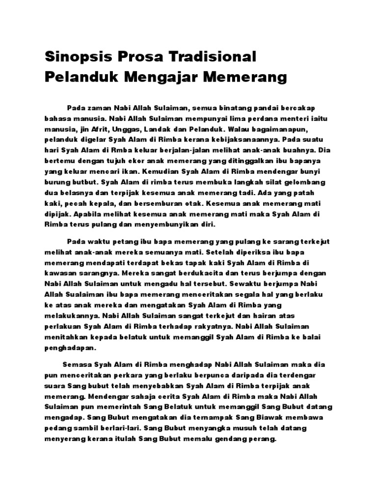 Sinopsis Prosa Tradisional Pelanduk Mengajar Memerang Pdf