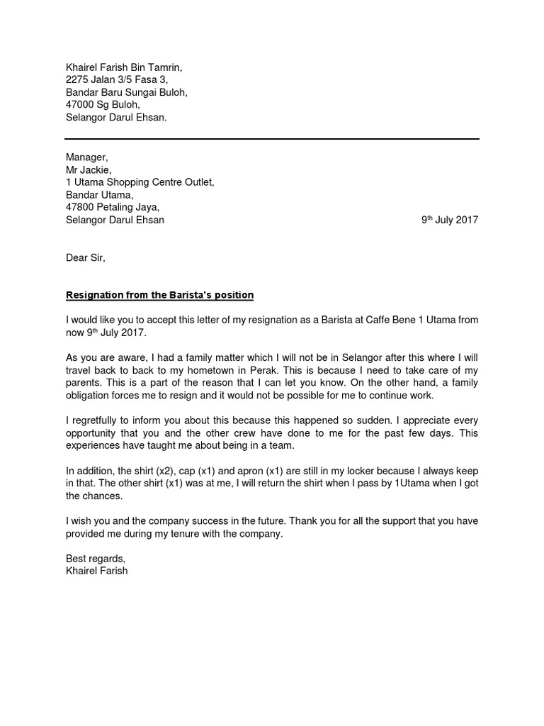 Barista Resignation Letter Template | PDF