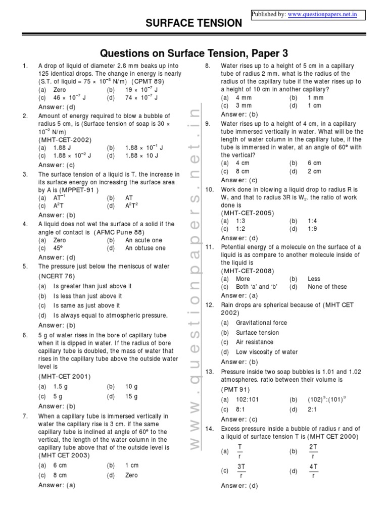 Surface Tension Concepts and Problems | PDF | Surface Tension | Drop ...