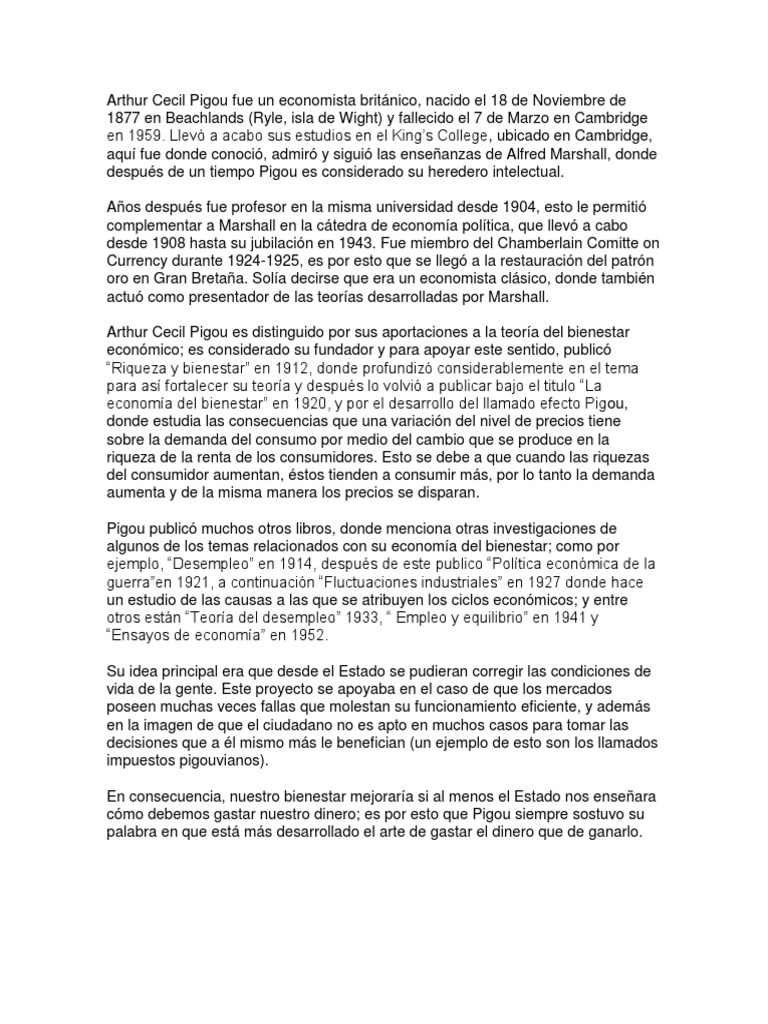 Arthur Cecil Pigou Fue Un Economista Británico PDF Economía del
