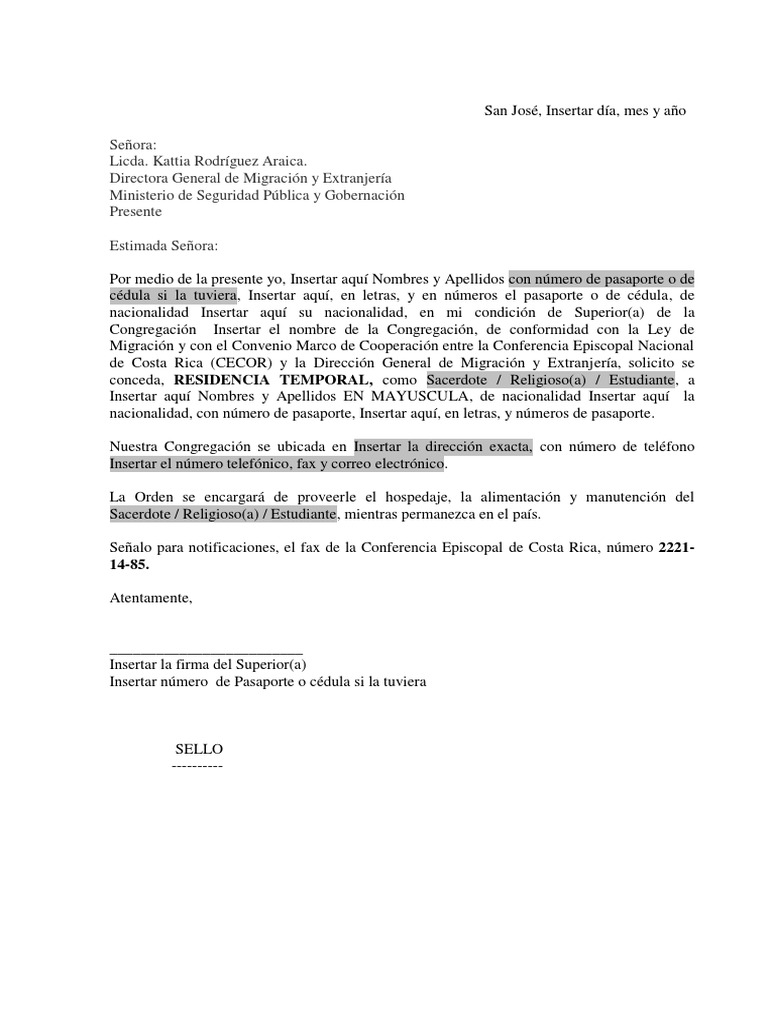 2 Carta para Residencia Temporal Solicitud Del Superior Dirigida A Migraci  N. | PDF