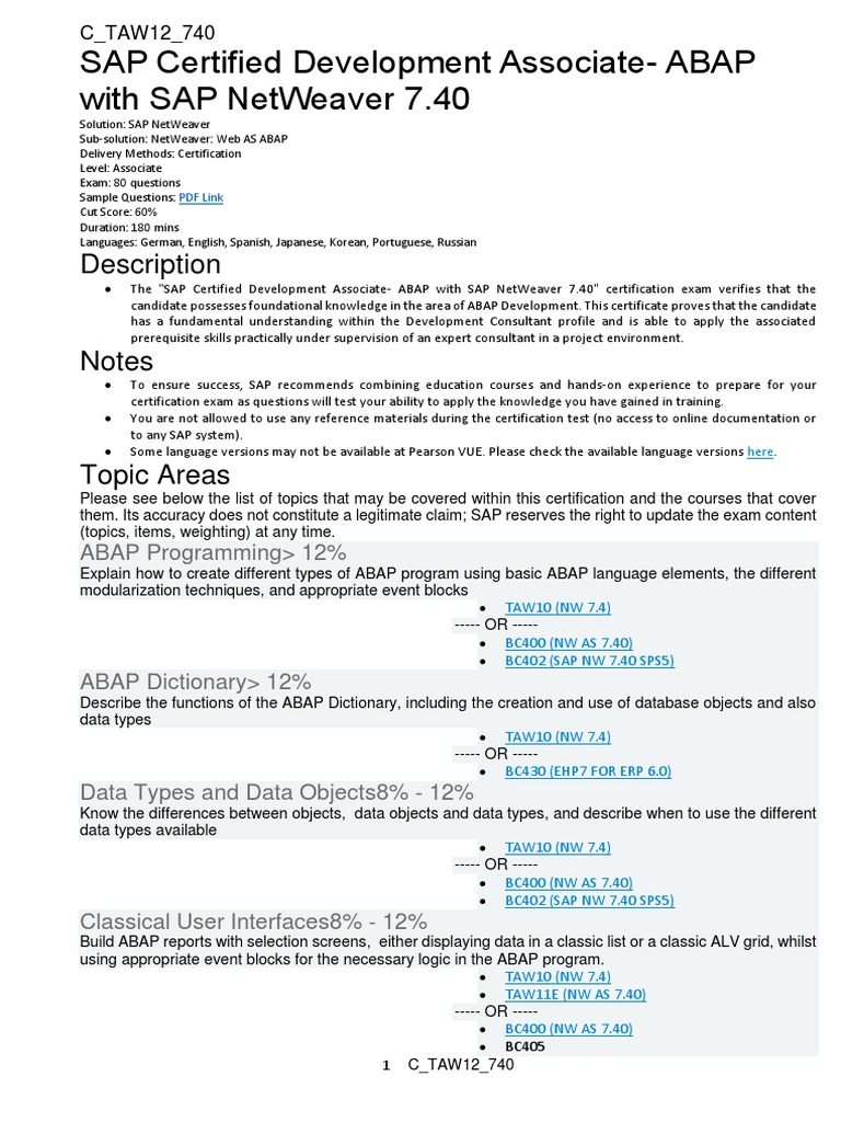 Sap Certified Development Associate-Abap With Sap Netweaver 7.40 | PDF ...