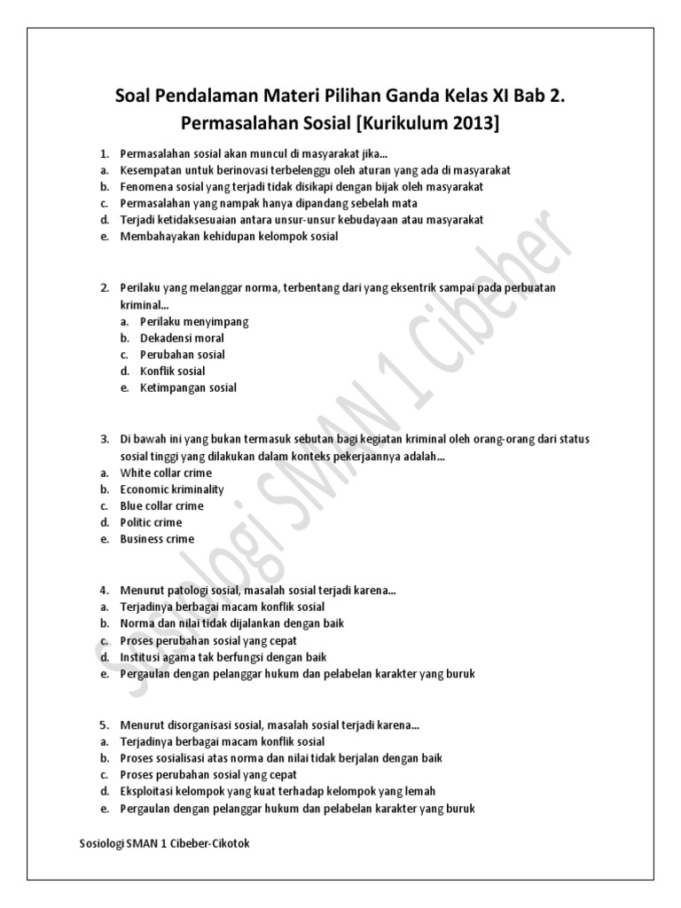 2 Soal Pendalaman Materi Pilihan Ganda Kelas Xi Bab 2 Permasalahan Sosial Kurikulum 2013 Pdf
