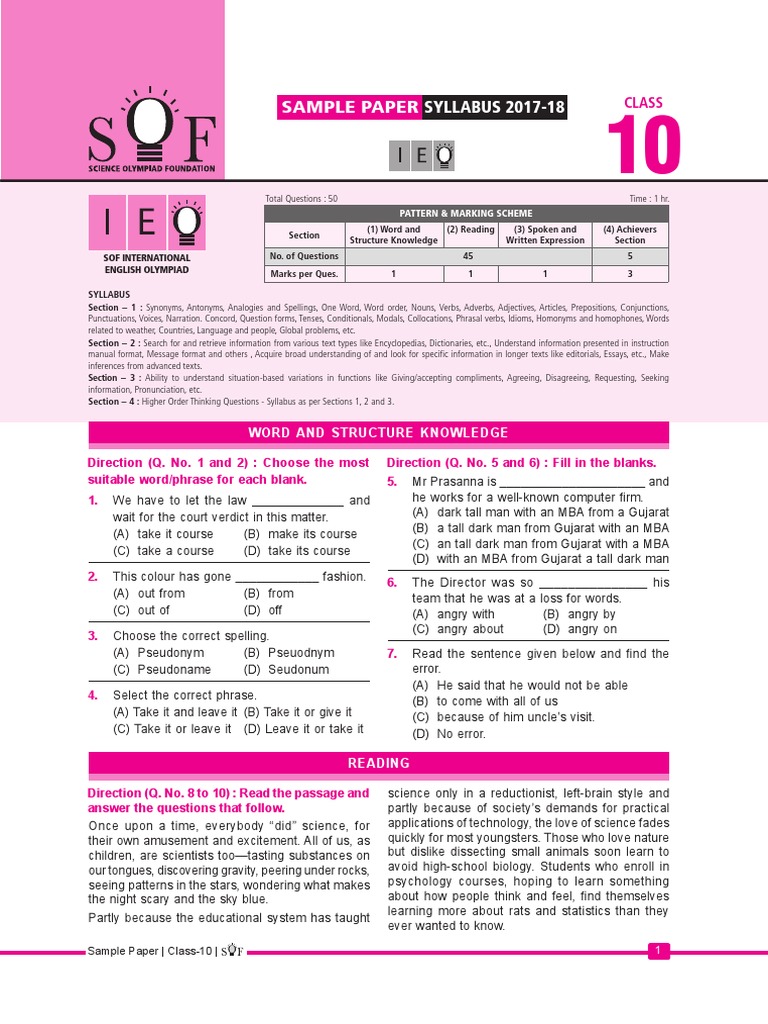 Ieo Sample Paper Class10 PDF Verb English Language