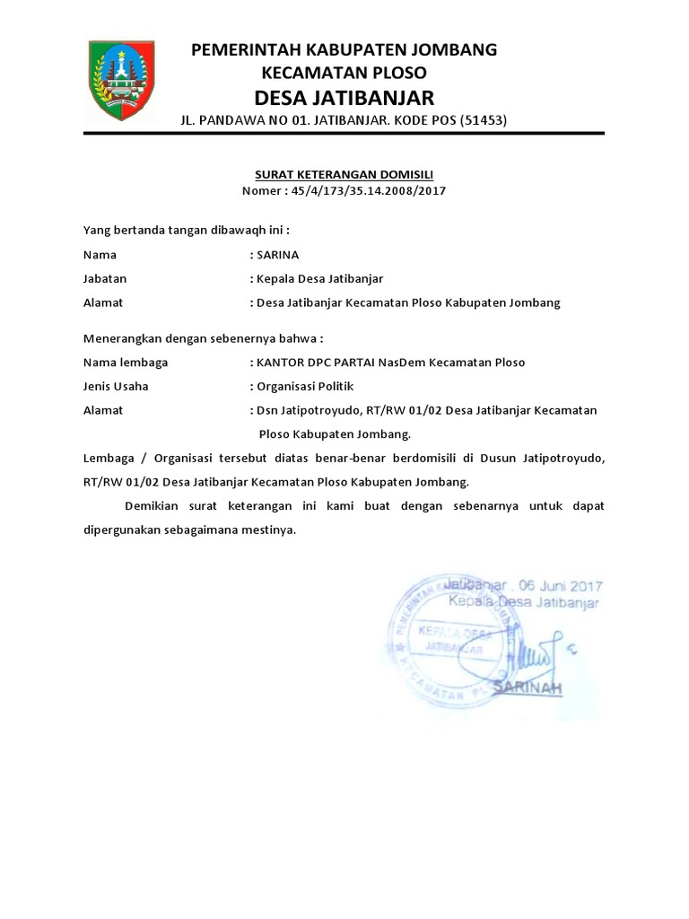 Contoh Surat Rekomendasi Partai