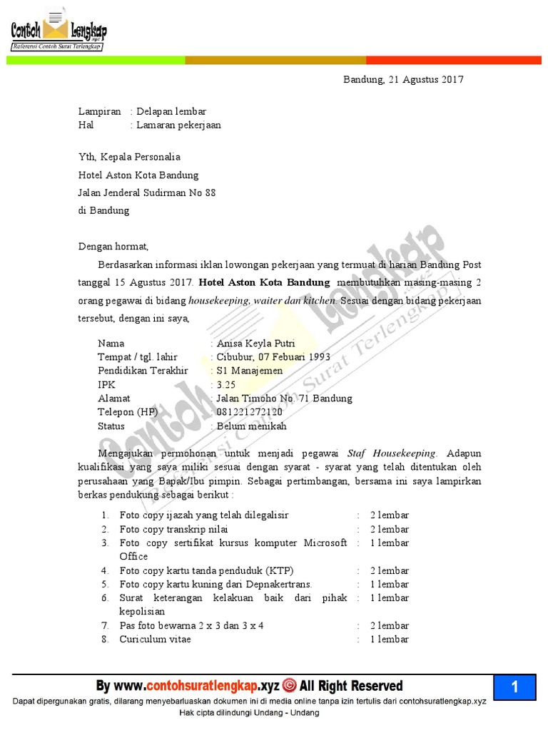 Contoh Surat Lamaran Kerja Hotel Aston