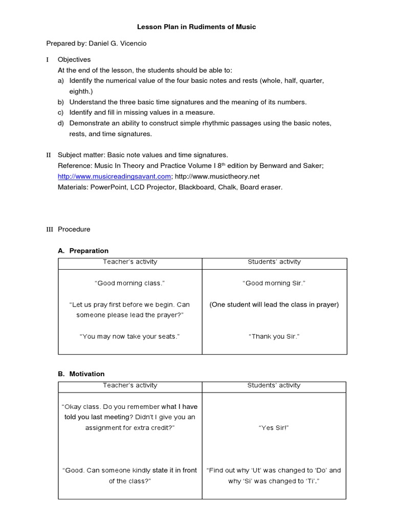Lesson Plan Rudiments 0706 | PDF | Musical Notation | Musicology