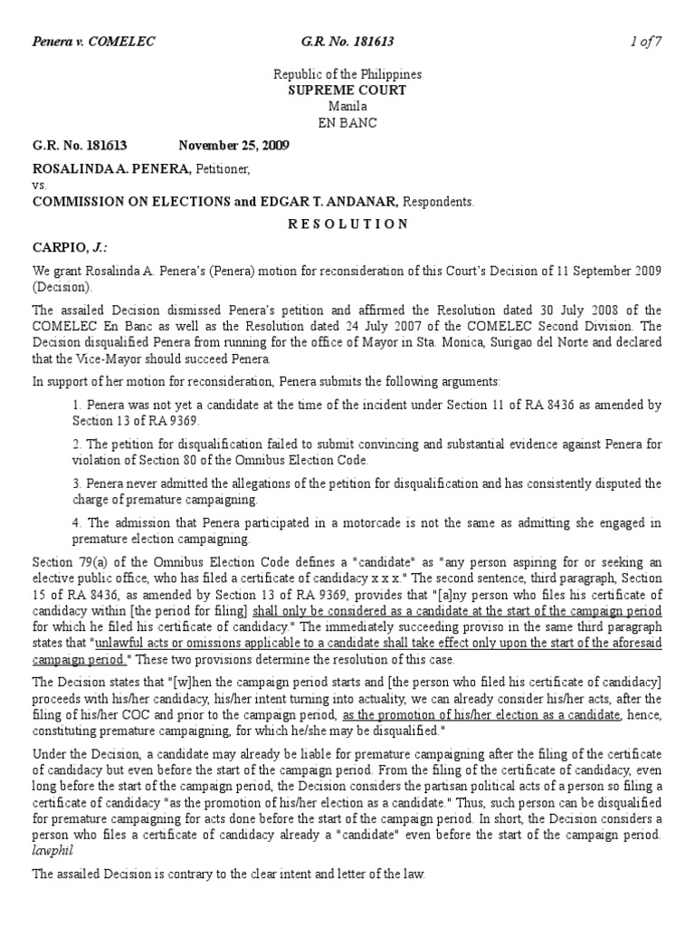 17 penera v comelec g r no 181613 november 25 2009 pdf