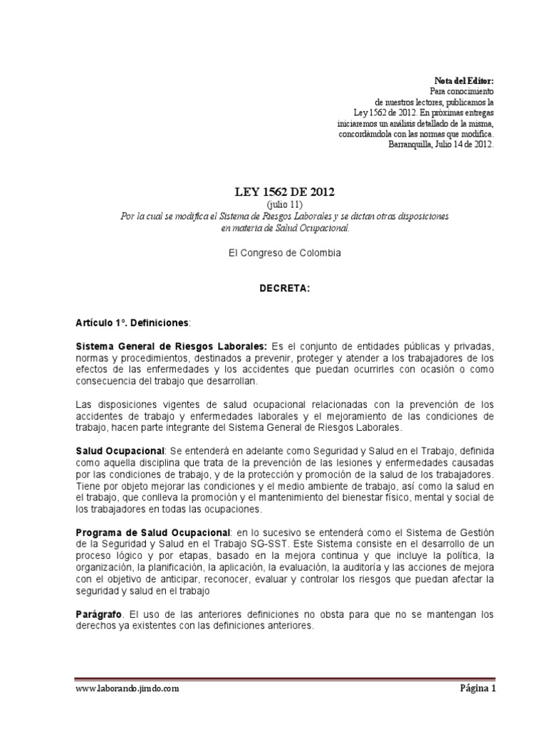 Ley 1562 de 2012 PDF | PDF | Derecho laboral | Gobierno