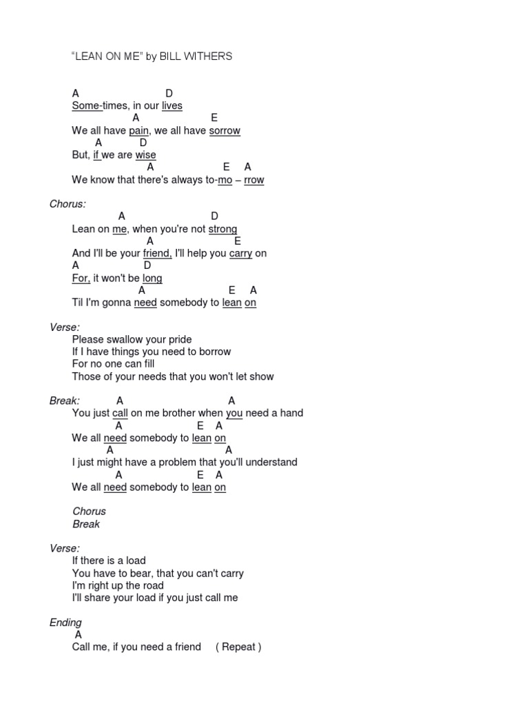 Bill Withers Lean on Me Chords and Lyrics Song Structure Songs
