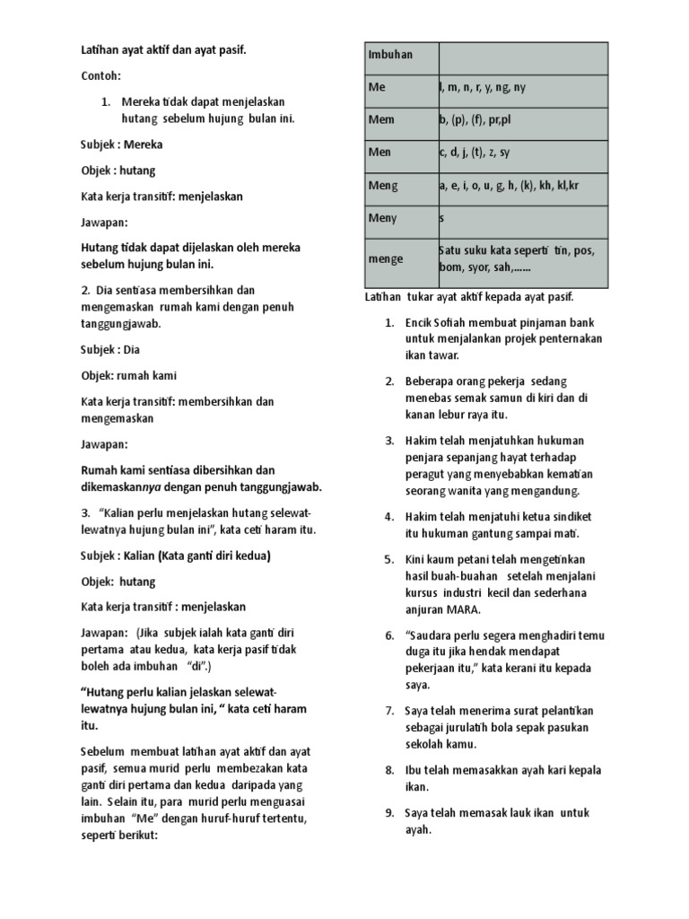 Latihan Ayat Aktif Dan Ayat Pasif