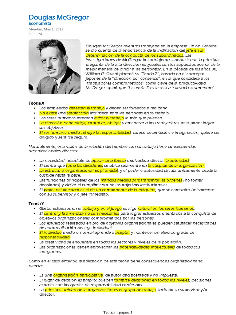 Teorías X e Y de Douglas McGregor | PDF | Toma de decisiones | Aparición