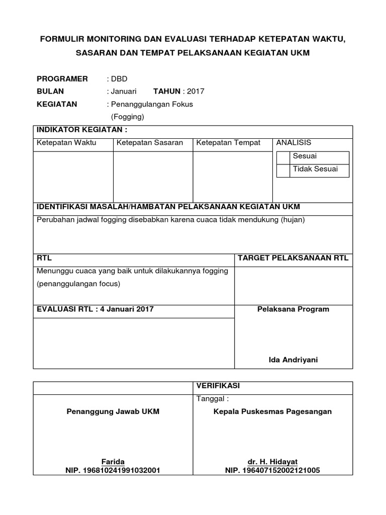 FORMULIR MONITORING DAN EVALUASI TERHADAP KETEPATAN WAKTU, SASARAN DAN