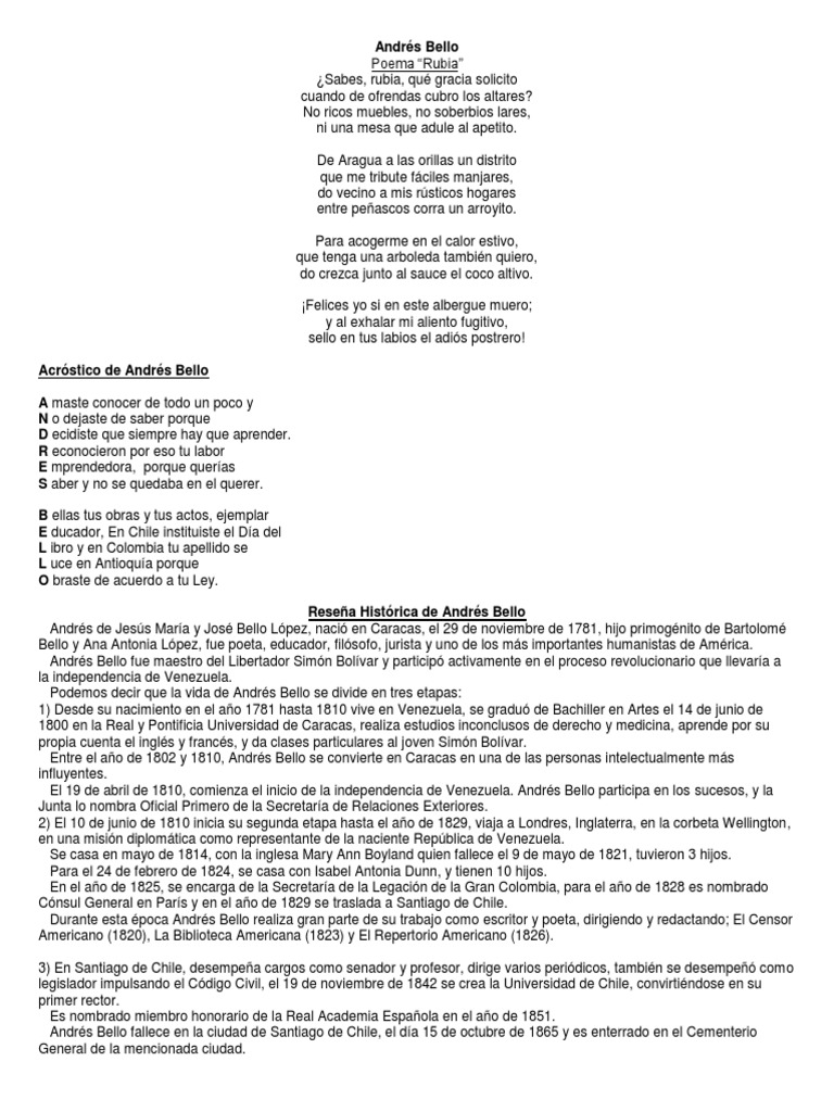 Acrostico De Andres Bello Agitacion Politica